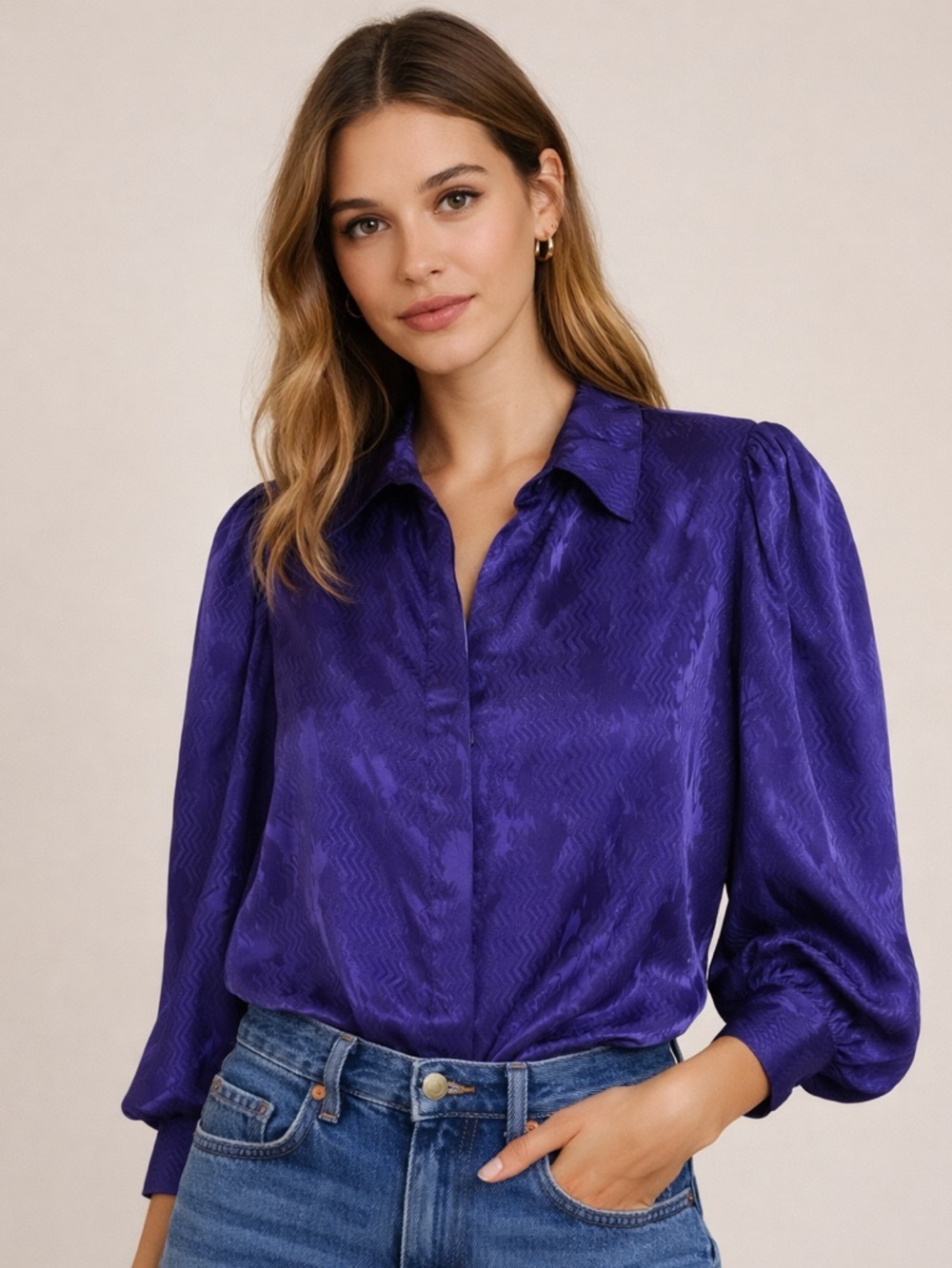 TESS Paris Milano Vintage Purple Satin Blouse Puff Sleeve Retro Top Size 12
